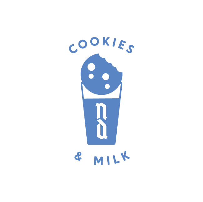 Cute cookies and milk graphic with playful text for dessert theme.