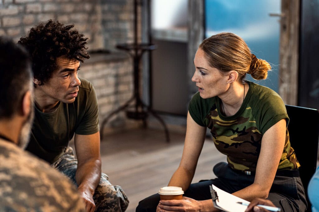 Support group session for veterans battling addiction in New Orleans.